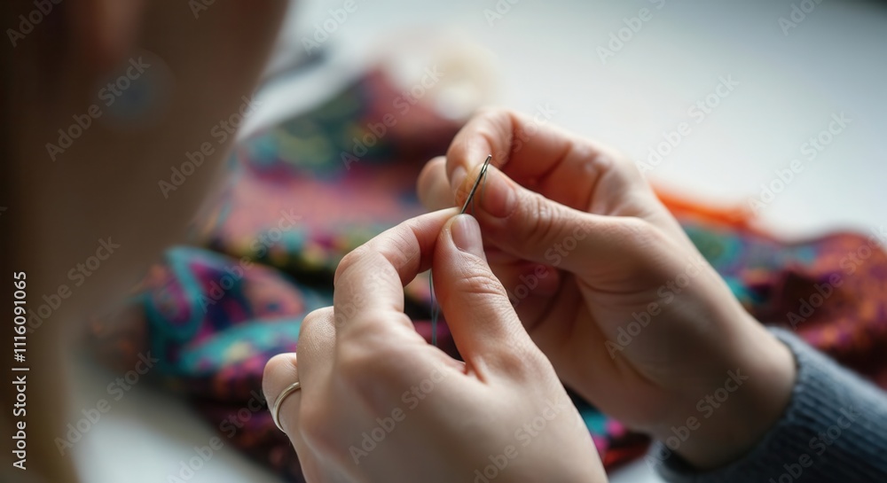 Fototapeta premium Close-up of hands sewing colorful fabric with needle thread