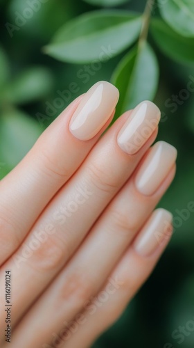 Elegant manicure with neutral polish against lush green foliage background