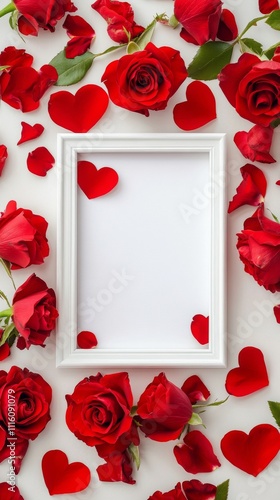 Red roses and heart petals create a romantic frame for a special message or p...