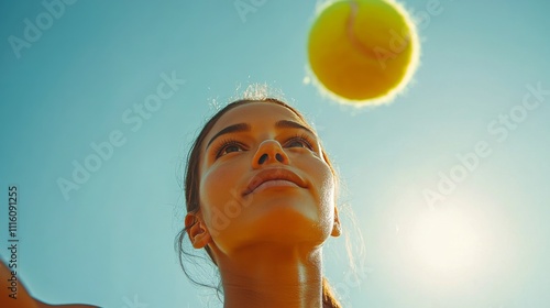 Player prepares to hit a tennis ball during a match at sunset with dramatic l...