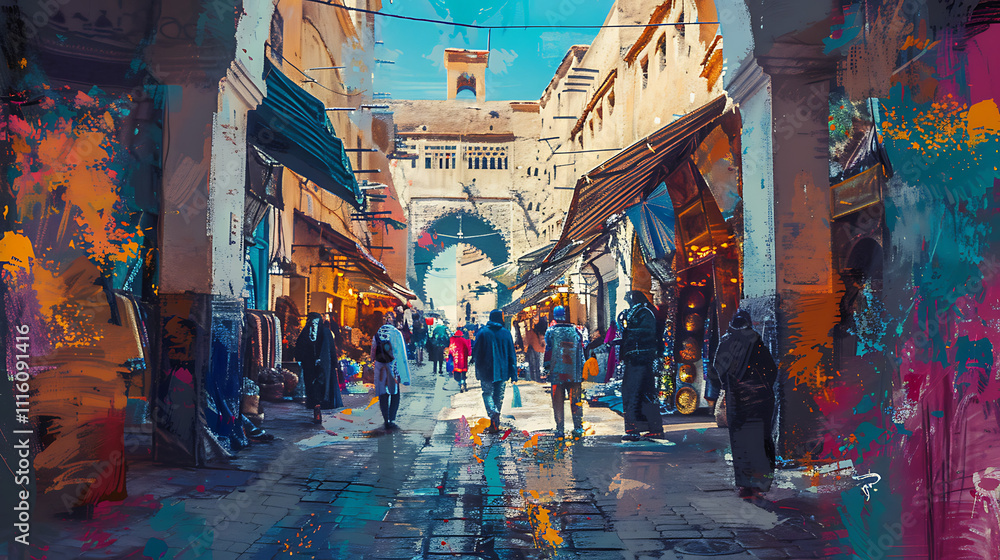 Fototapeta premium Vibrant Street Market in Morocco Highlighted with Colorful Designs and Lively Atmosphere Capturing Daily Life and Culture in a Historic Setting