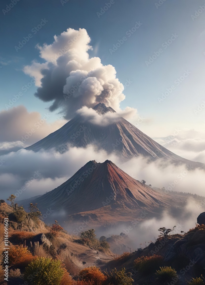 Obraz premium Clouds and fog shrouding a dormant volcano in misty surroundings, natural formations, mountain