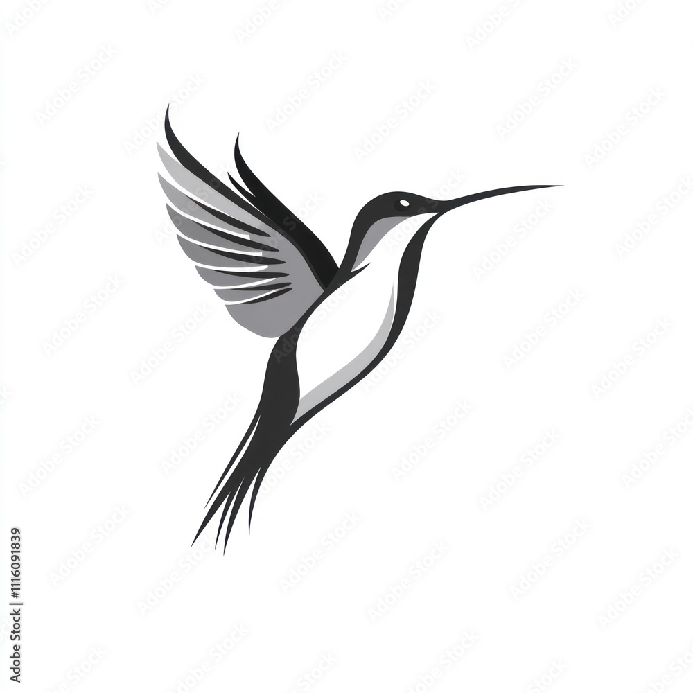 Fototapeta premium Here's a suggested and keywords for your stock photo.. Elegant stylized hummingbird in flight, monochrome design.