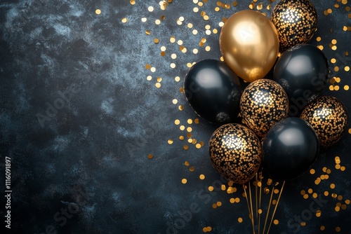 Colorful balloons with gold foil accents against a dark background for celebr...