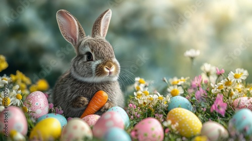 Cute rabbit holding carrot among colorful eggs and flowers in a vibrant sprin...