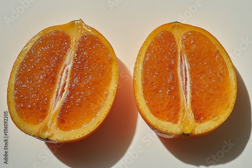 Freshly cut orange halves display vibrant color and juicy segments on a light...