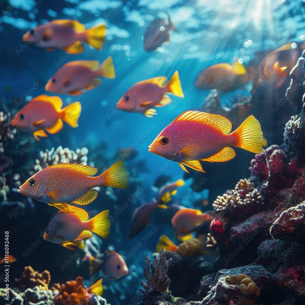 Naklejka premium Vibrant orange fish swim gracefully through a clear blue ocean, surrounded by coral reefs, creating a serene underwater scene perfect for educational materials, oceanography projects