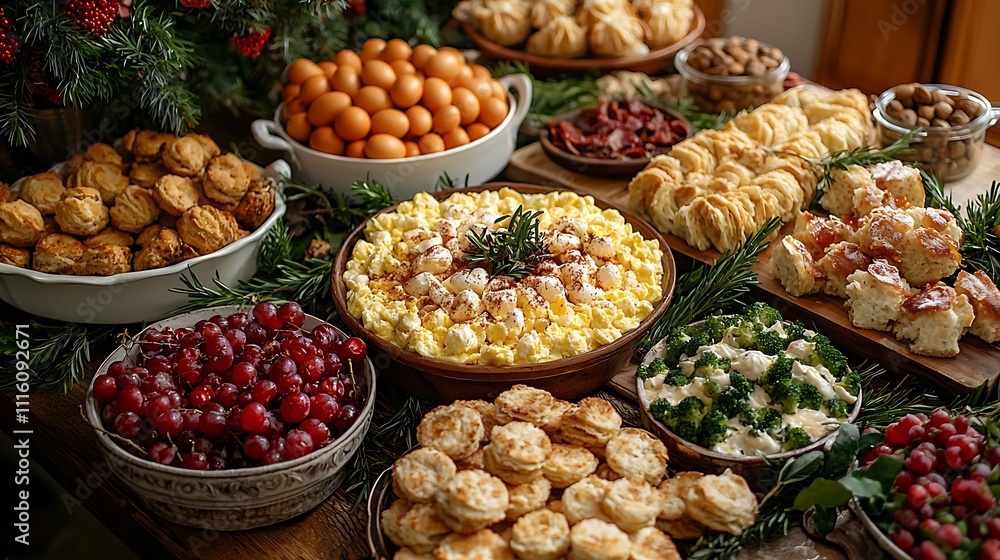 A Thanksgiving brunch spread with a variety of dishes including scrambled eggs, bacon, fresh fruit, and homemade biscuits A Thanksgiving brunch spread with a variety of dishes including scrambled eggs, bacon, fresh fruit, and homemade biscuits