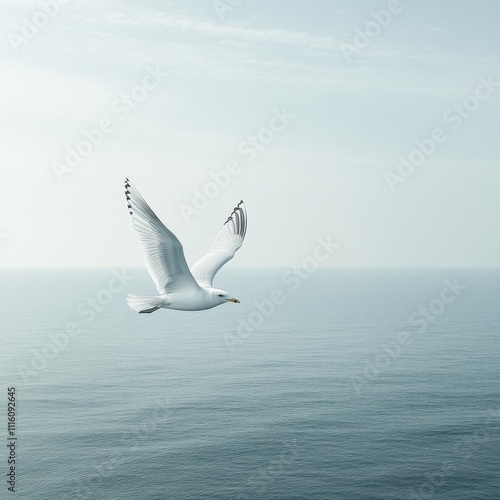 A serene image of a white bird soaring above calm ocean waters, symbolizing freedom and tranquility, Ideal for nature-related projects, travel brochures, or inspirational themes, photo