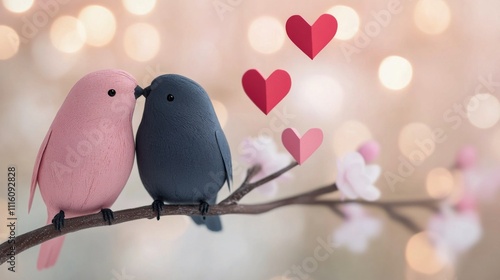 Two colorful birds perched on a branch surrounded by hearts and blossoms in s...