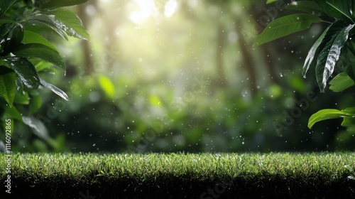 Lush green foliage and soft sunlight create a serene atmosphere in a forest