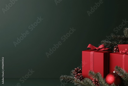 Red holiday presents with bows and pine branches on a dark green background