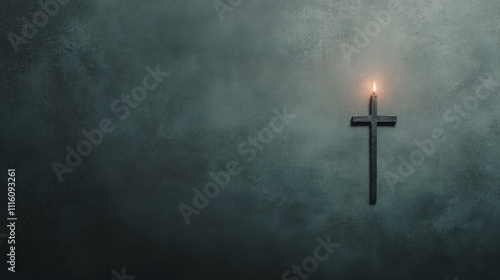 Candle flickers beside a dark wooden cross on an aged stone wall in a quiet s...
