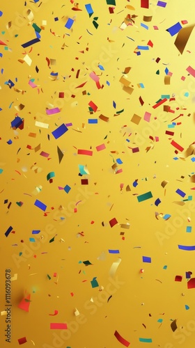 Colorful confetti falling against a bright yellow background during a celebra...