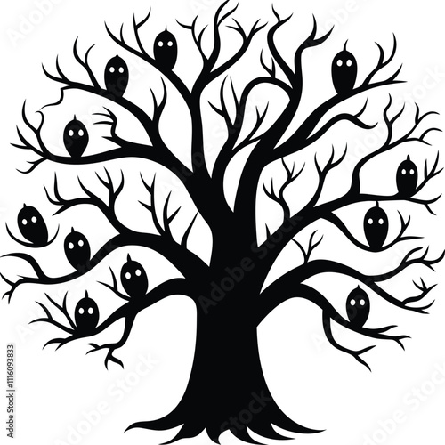 Black Silhouette of an Angry Tree with Twisted Branches on White Background