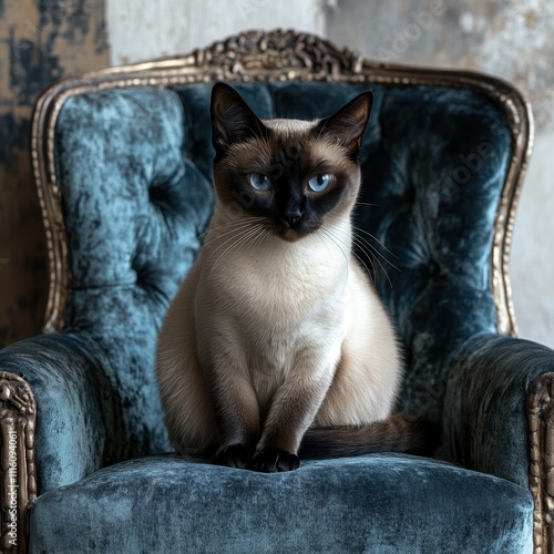 A stylish Siamese cat sits elegantly on a luxurious blue velvet chair, showcasing its striking blue eyes and distinctive coloration, This image can be used in pet-related content, marketing photo