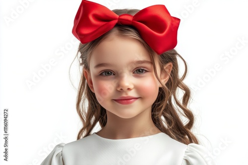 Young girl with a red bow hairstyle wearing a white dress in a bright setting