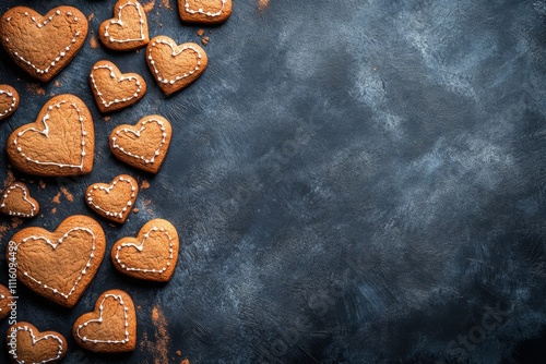 Baked heart shaped gingerbread cookies arranged on a dark surface for a festi...