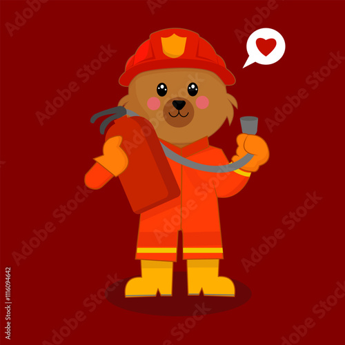 Fire Fighter Cute Bear Ready To Spray With Fire Extinguisher.