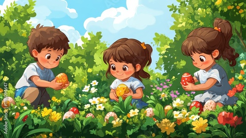 Children enjoying an egg hunt in a sunny meadow filled with flowers