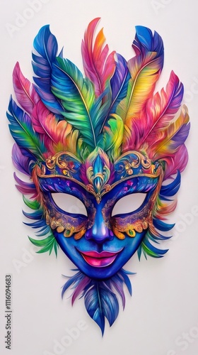 Colorful mask adorned with feathers showcasing intricate designs at a festive...