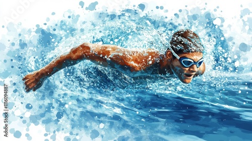 Competitor performs butterfly stroke in clear blue swimming pool during a race