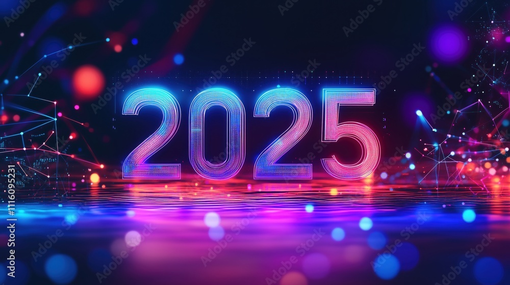 Obraz premium vibrant 2025 text with glowing lights in a colorful futuristic setting with reflections and bright effectsC