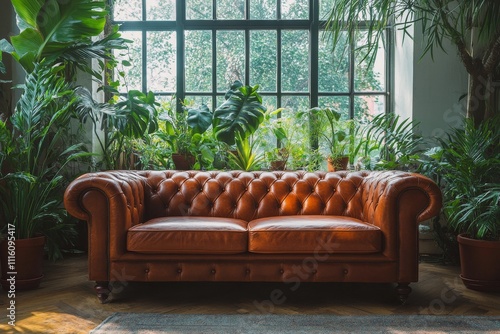 Cozy living space with a leather couch and lush indoor plants in natural light