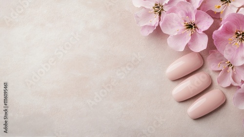Soft pink nails and delicate cherry blossom flowers create a tranquil aesthet...