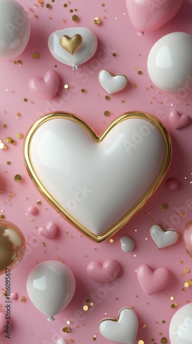 Heart shaped decoration surrounded by colorful balloons and confetti for a ce...