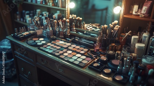 Makeup tools and beauty products arranged on a modern vanity with soft lighting
