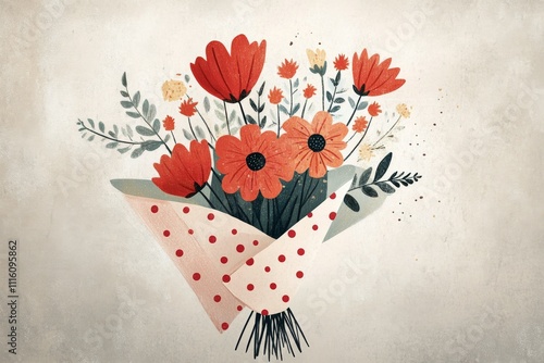 Beautiful floral bouquet wrapped with polka dot paper and adorned with green ...