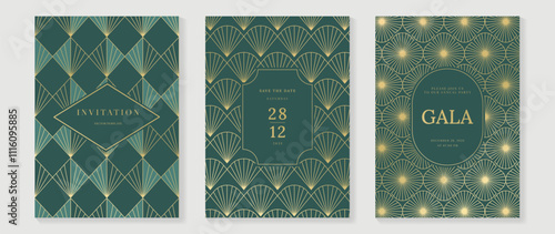Gala invitation luxury pattern cover vector set. Golden elegant wavy gold line pattern on sage green background. Premium design illustration for wedding, vip cover template, grand opening, flyer.