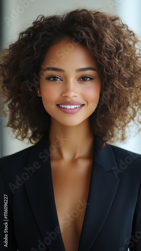Professional model poses with confidence in stylish blazer and natural makeup...