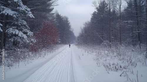 Snow covered trail with a skier enjoying winter sports in a scenic landscape