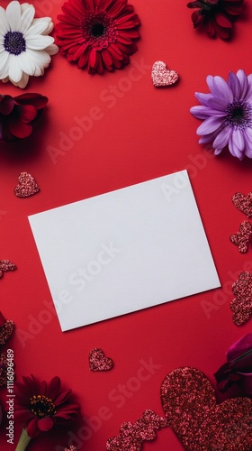 Colorful flowers and decorative hearts surround a blank card on a vibrant red...