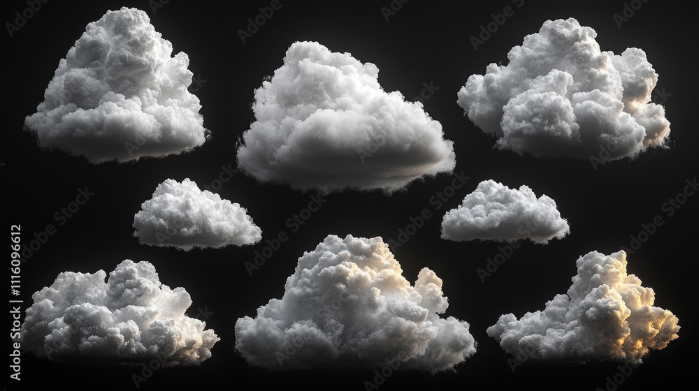 Collection of fluffy white clouds isolated on a dark background for creative and design projects Collection of fluffy white clouds isolated on a dark background for creative and design projects