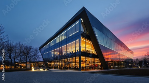 Modern architectural design showcases angular glass structure illuminated at ...