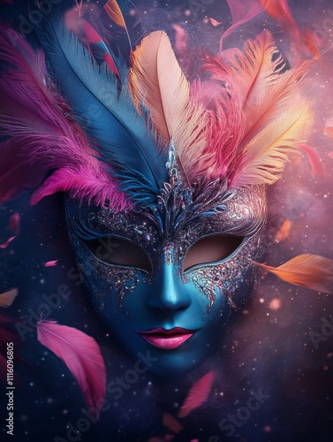 Colorful feathered mask with glittering details in a vibrant atmosphere