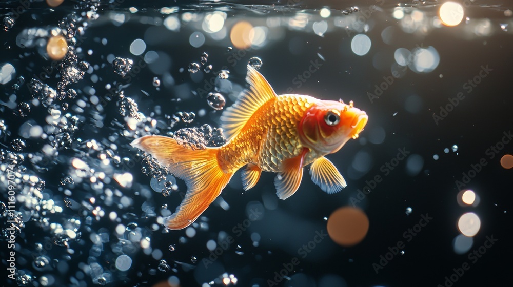 Golden fish swimming in bubbles with a dark background Golden fish swimming in bubbles with a dark background