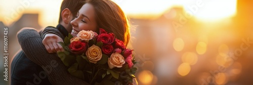 Couple embraces at sunset with bouquet of roses creating a romantic moment