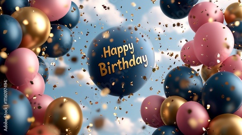 Colorful birthday celebration with balloons and confetti in the sky