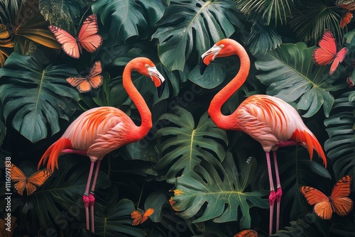 Vibrant flamingos and butterflies surrounded by lush tropical foliage in a se...