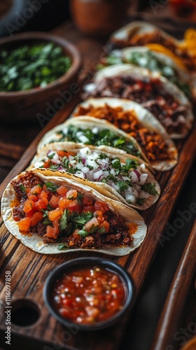 Colorful platter of tacos with fresh toppings served in a lively restaurant s...