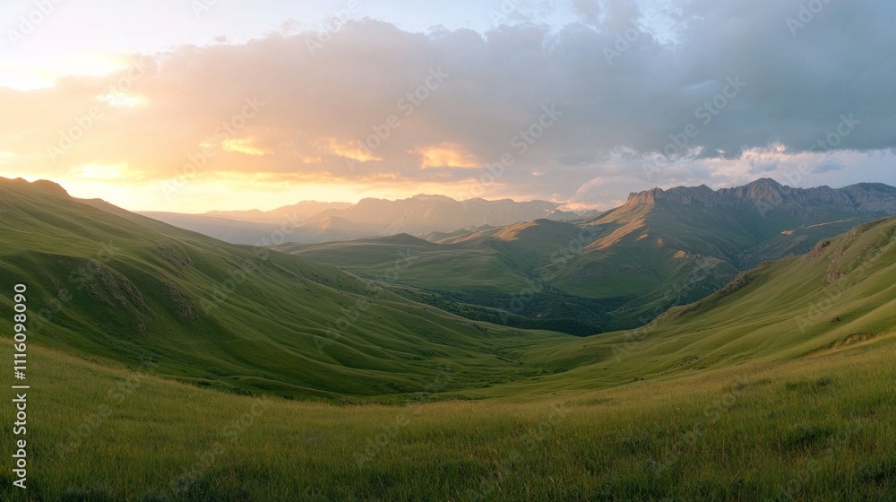 Fototapeta premium A breathtaking panoramic view of lush green valleys and distant mountains at sunset.