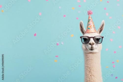 Llama wearing sunglasses and a party hat celebrates with colorful confetti in...