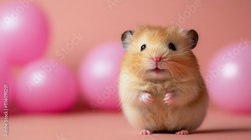 Cute hamster holding a tiny cupcake with a lit candle against a blurred light...