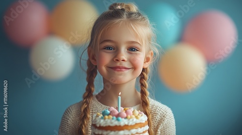 Young girl with blue eyes celebrating at a colorful party with balloons in th...