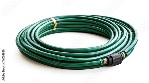 Green garden hosepipe coiled on a white background ideal for gardening and outdoor watering tasks showcasing versatility and durability photo