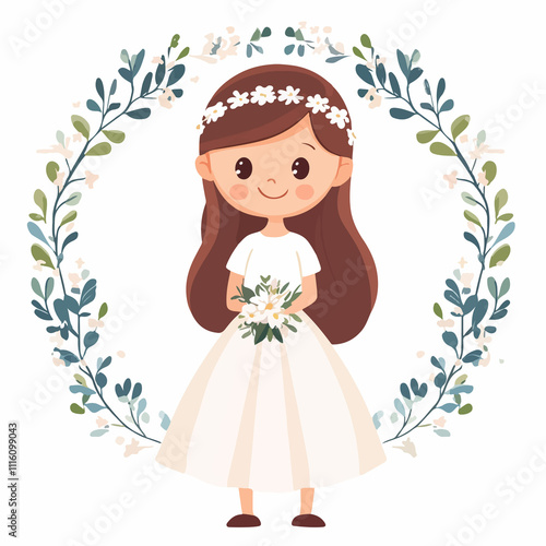 Innocent Little Girl Wearing Flower Wreath for First Communion Portrait